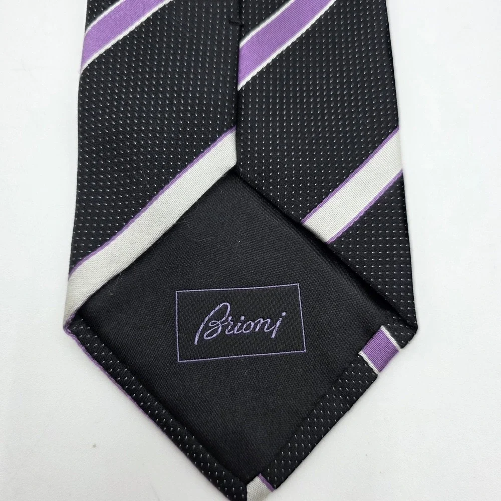 Brioni Black Silk Tie Purple Silver Stripe Handmade Italy Classic‎ Luxury